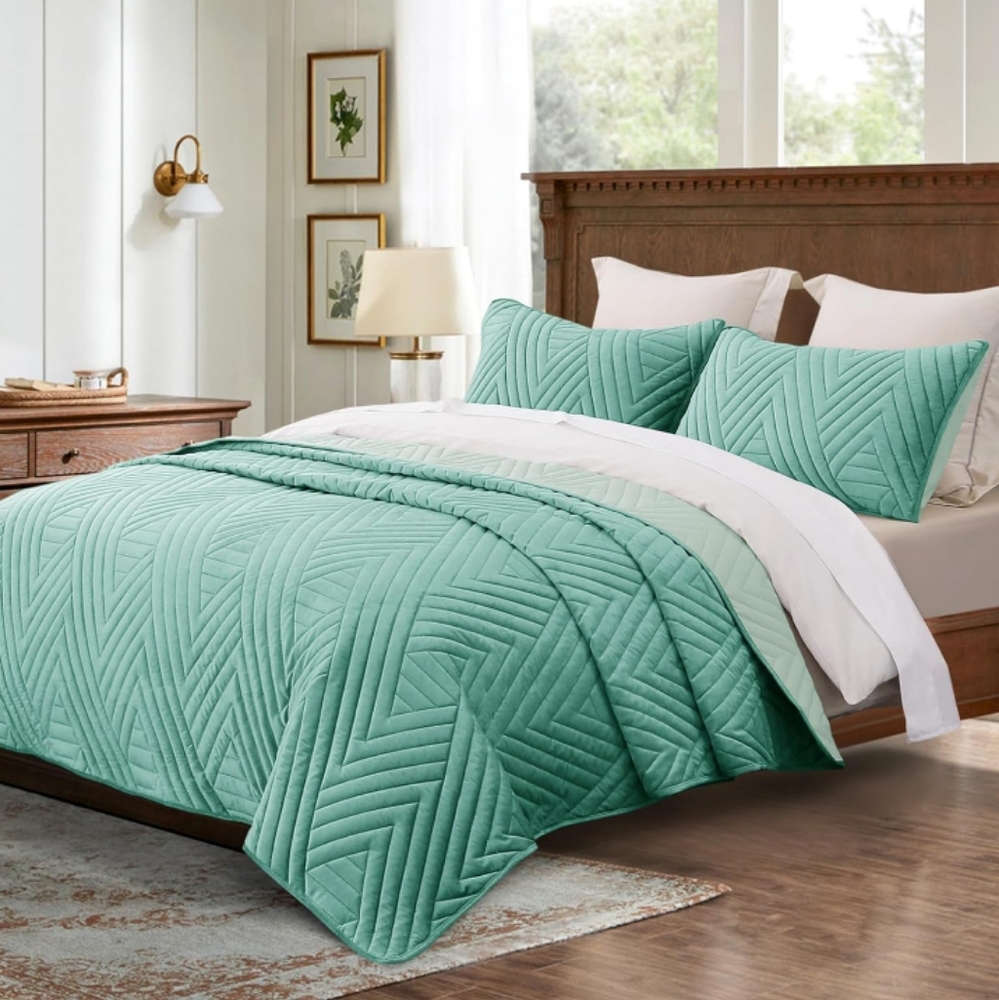 Aqua Blue Soft Basketweave Pattern Velvet Bedding Set Queen Size Bed Quilt New